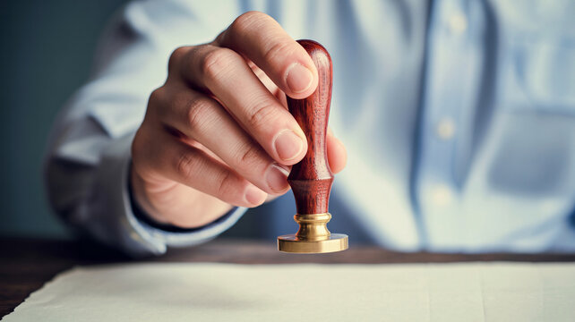 Professional businessman holding wooden rubber stamp over official document ready for notarization or signing legal contract inside corporate office during financial transaction closeup perspective