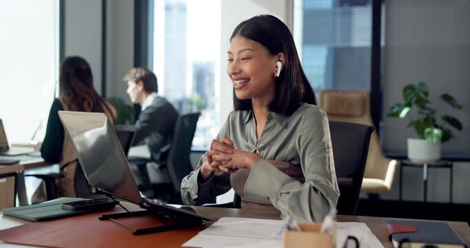 Laptop, virtual meeting and businesswoman with earphones in office, talking and recruitment process. Hiring manager, job offer and happy person with tech, consultation and video call in business