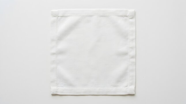 Square white cloth napkin with stitched hem on plain background