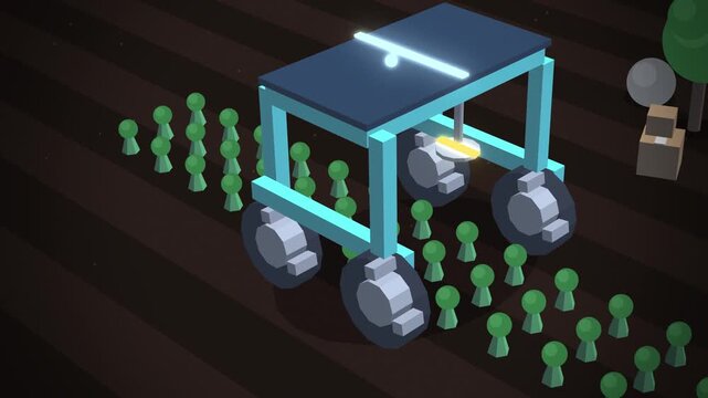 Blue farm weeding robot weeding rows isometric view 3D motion graphics
