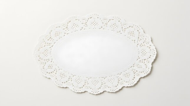 White oval paper doily with intricate lace pattern on plain background