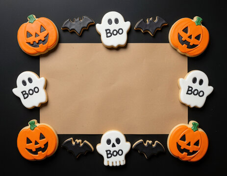 A top-down flat-lay photograph of Halloween-themed decorated cookies arranged around a blank rectangular sheet