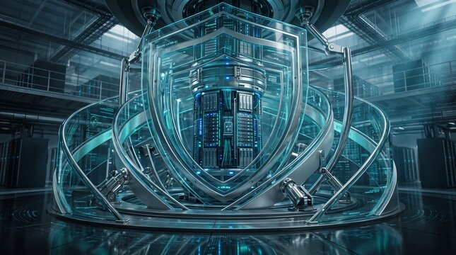 Futuristic secure server core protected by a glowing holographic shield in a high-tech facility