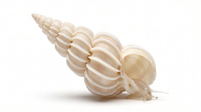 Precious wentletrap sea crawls slowly out of its pale spiral shell on a white backdrop.