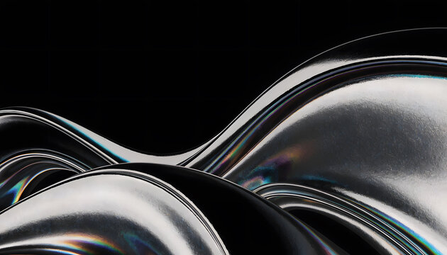 Abstract background with smooth flowing metallic silver waves and iridescent light reflections on black
