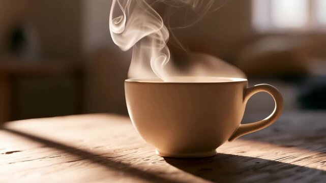 Steaming coffee cup on a rustic wooden table illuminated by warm natural sunlight