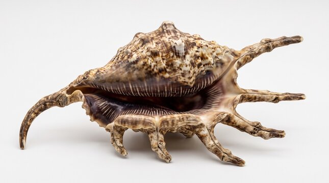  Scorpion Spider Conch shell spec rests horizontally on a clean white background showcasing its intricate spines.