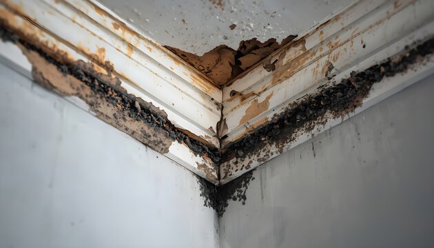 Severe structural water damage, rot, and black mold spreading across a ceiling corner and cornice