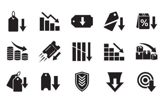Price reduction icons set with downward arrows sales graph label tag coins and commercial elements.