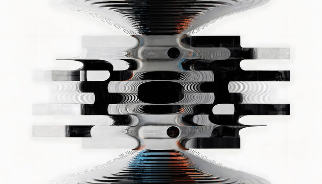 Abstract geometric pattern with digital glitch effect and monochrome layered shapes on white background