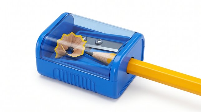 Modern plastic pencil sharpener with yellow shavings and wooden pencil inserted horizontally isolated on white background