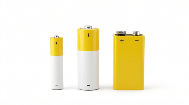 Various yellow and white batteries standing vertically isolated in studio lighting on white background