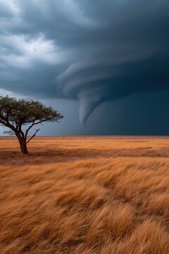 Double funnel tornado near lone tree over golden grassland background for dramatic storm banner and weather design