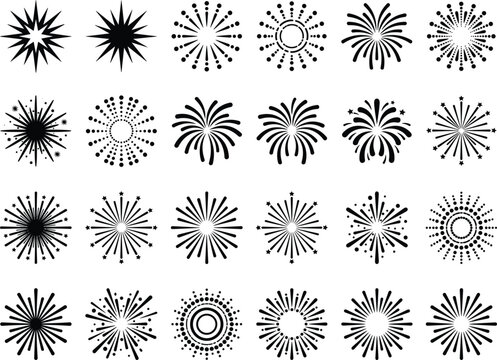 Fireworks burst and sunburst starburst icons set isolated on pure white background vector graphic illustration.eps