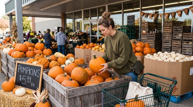 Woman choosing orange pumpkins at outdoor farmers market in autumn