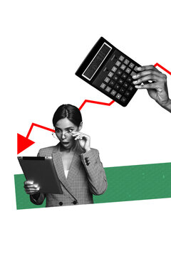 Sketch vertical artwork 3d photo collage of shocked businesswoman hold tablet hand calculator bankruptcy problem arrow down