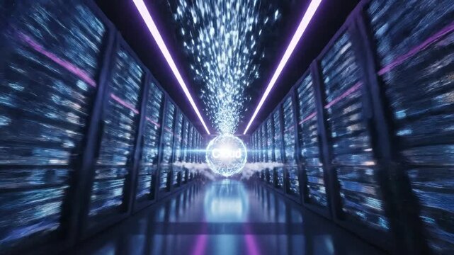 Cinematic Pan Shot Of Cloud Native Computing Fast Drone Through A Neon
