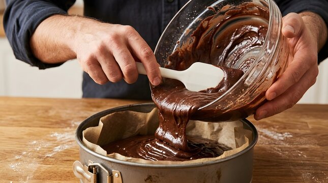 Chocolate batter pouring smoothly from a clear glass bowl into a parchment lined springform pan on a rustic wooden kitchen table.