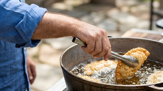 Cook turns golden fried empanadas in a deep cast iron skillet filled with bubbling hot oil outdoors during a bright sunny afternoon gathering.