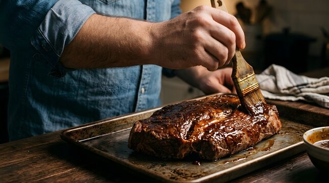 Grill master bastes a dark roasted beef cut with rich aromatic sauce using a wooden brush on a rustic wooden countertop under moody ambient light.
