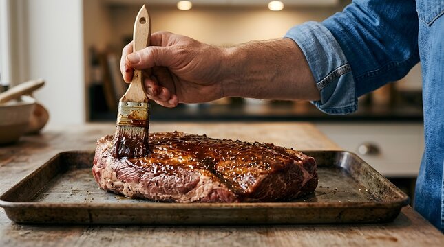 Chef applies rich, glistening barbecue glaze onto a seasoned beef brisket resting on a dark metallic baking tray inside a brightly lit rustic kitchen.