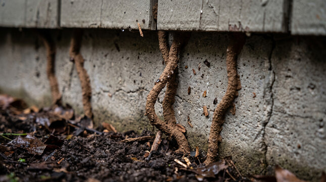 Subterranean termite mud tubes running up a concrete foundation wall to wooden siding