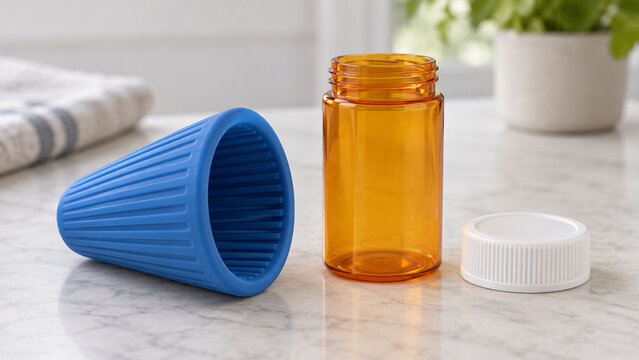 Bottle cap gripping aid beside an empty amber container