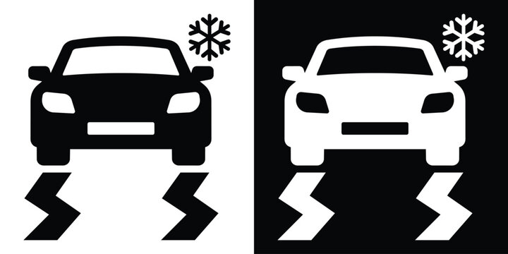 Car skidding on frozen icy road symbol with zig-zag tire tracks and a snowflake warning sign.