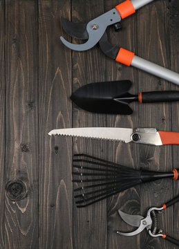 Top view layout of a pruner, hand fork, and garden trowel on a dark wood surface. Minimalist horticulture backdrop setup, perfect for agriculture or backyard banner design.