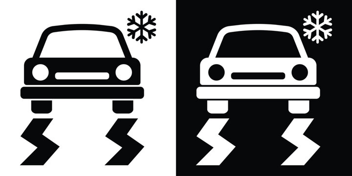Car skidding on frozen icy road symbol with zig-zag tire tracks and a snowflake warning sign.