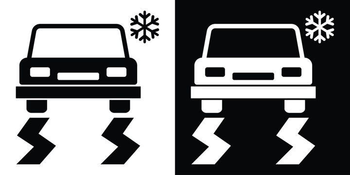 Car skidding on frozen icy road symbol with zig-zag tire tracks and a snowflake warning sign.