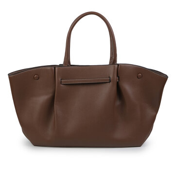 Dark brown pebbled tote handbag with long handles and a minimal horizontal front strap, displayed from the front as a clean studio product on a white background.