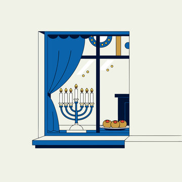 Blue Aron Kodesh illustration with menorah and Torah scroll, flat vector synagogue window interior with religious icons, minimal design for holiday branding
