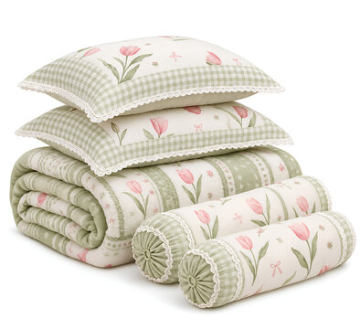 bed sheet and bedcover set with a floral pattern in pastel green