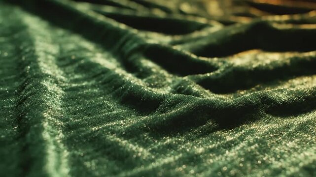 Close up green cloth undulates in flowing waves while golden light glints off raised seams. Dark troughs and bright peaks give fabric sculpted look, with subtle motion across rich textured detail.