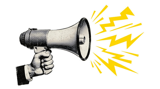 Retro hand holding megaphone making announcement with yellow sound waves on transparent background