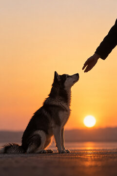 Loyal husky dog looking at owner's hand against sunset sky