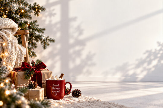 Cozy Christmas gifts and hot cocoa by decorated tree in sunlight