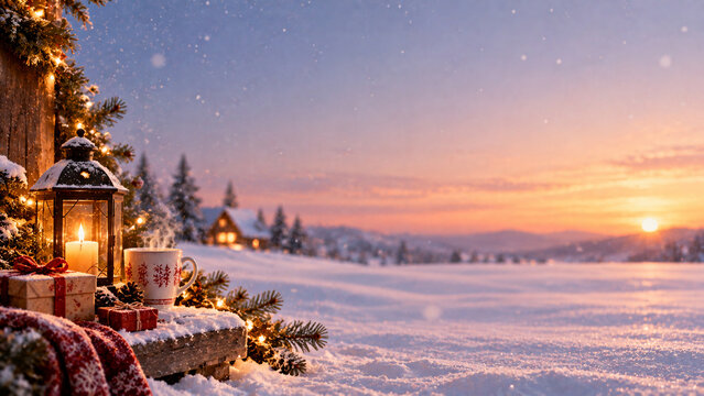 Christmas lantern and hot drink in snowy winter sunset landscape