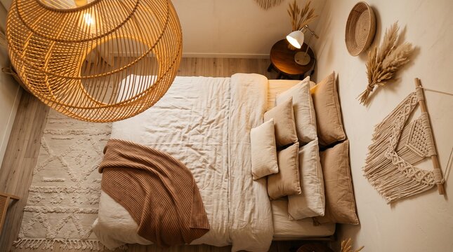 Modern boho bedroom interior with wicker pendant lamp and beige bed li