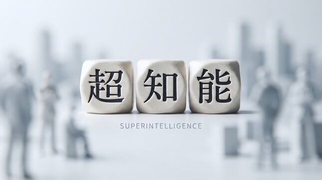 「超知能」の文字を刻んだサイコロとビジネスコンセプト