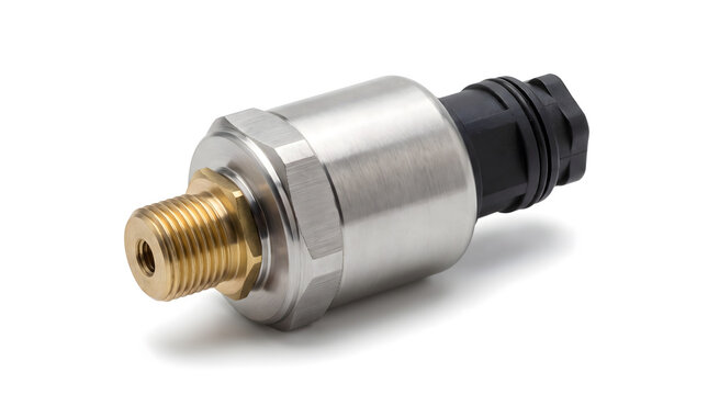 Pressure Sensor Photo Electronic Pressure Transducer with Threaded Brass Fitting and Electrical Connector Isolated on White Background   