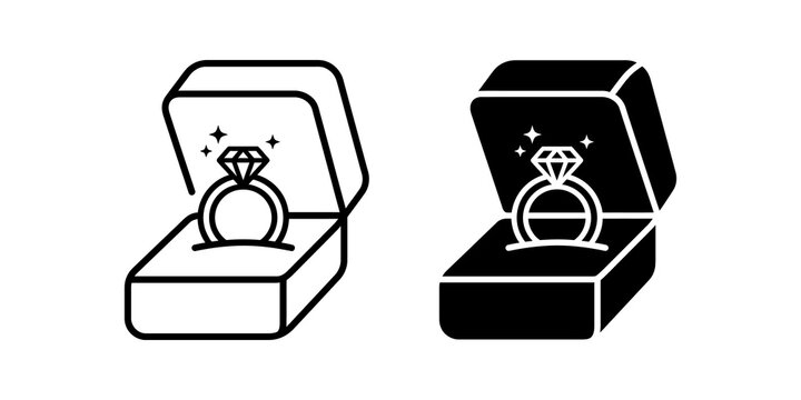 Diamond ring in box line and glyph icons for engagement and wedding