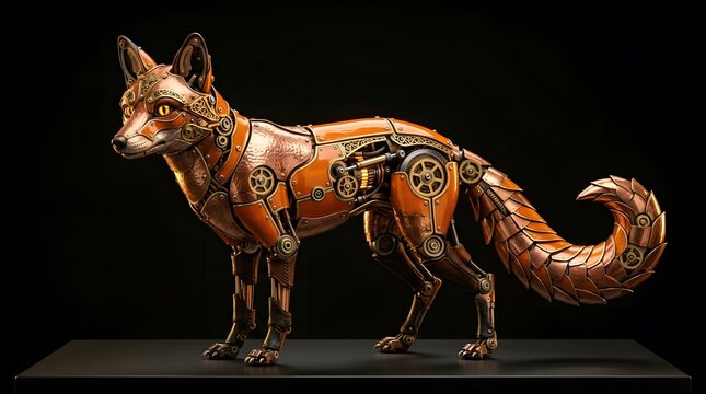 Steampunk mechanical fox with glowing orange eyes and intricate copper gears, ideal for fantasy or industrial concepts.