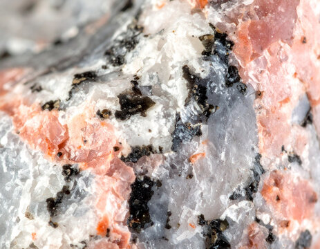 Macro close-up of rough pink granite with white quartz, rosy feldspar and black mica crystals, natural stone texture background