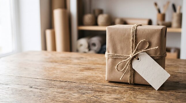 small kraft paper parcel wrapped with natural twine and a blank gift tag for sustainable product packaging, handmade business orders, and eco friendly shipping