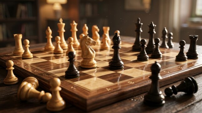 Chess Pieces on Wooden Board During Game in Library