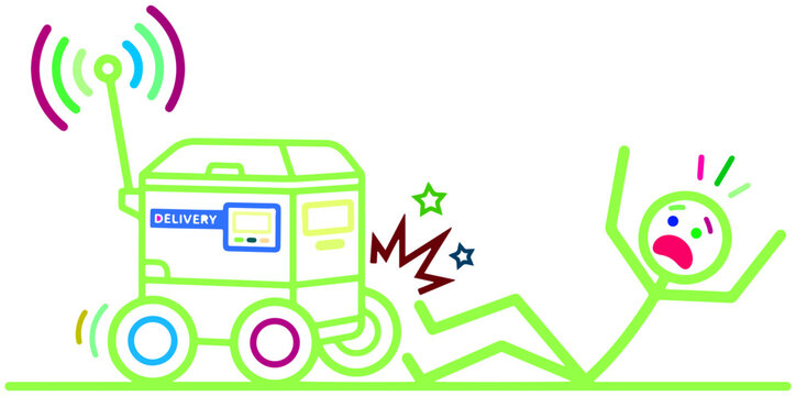 Delivery robot bumping into a pedestrian in a colorful flat vector illustration with autonomous vehicle street hazard droid accident