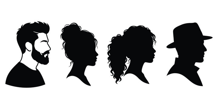 People profile side face vector silhouette set featuring diverse men and women isolated on white background