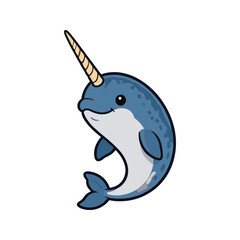 Narwhal arctic whale mascot character featuring a prominent spiral tusk in a modern digital vector illustration for childrens marine life education © Lindya